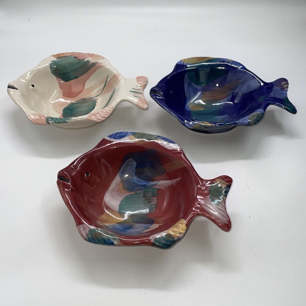 3 Vintage Pottery Handmade Fish Soup Or Serving Bowls Signed 9”L X 7”W X 3”T